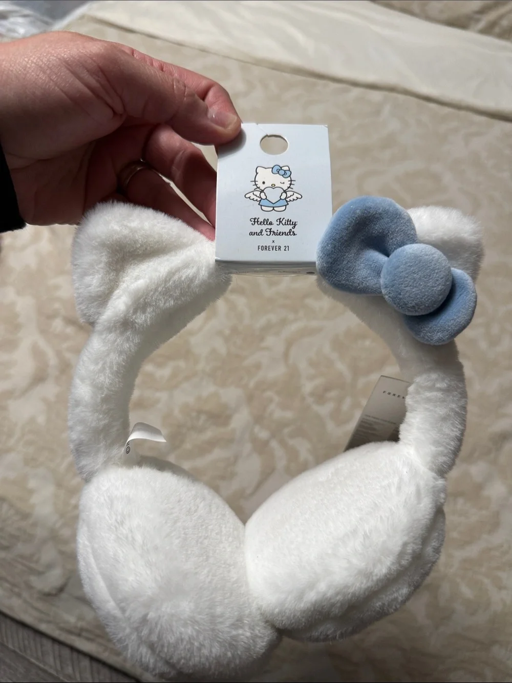 Hello Kitty White Faux-Fur Kids Earmuffs with Blue Bow